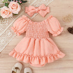 Three-color Jacquard Skirt Cute Puff Sleeve One-piece Rompers Jumpsuit With Headscarf - Cindi Book