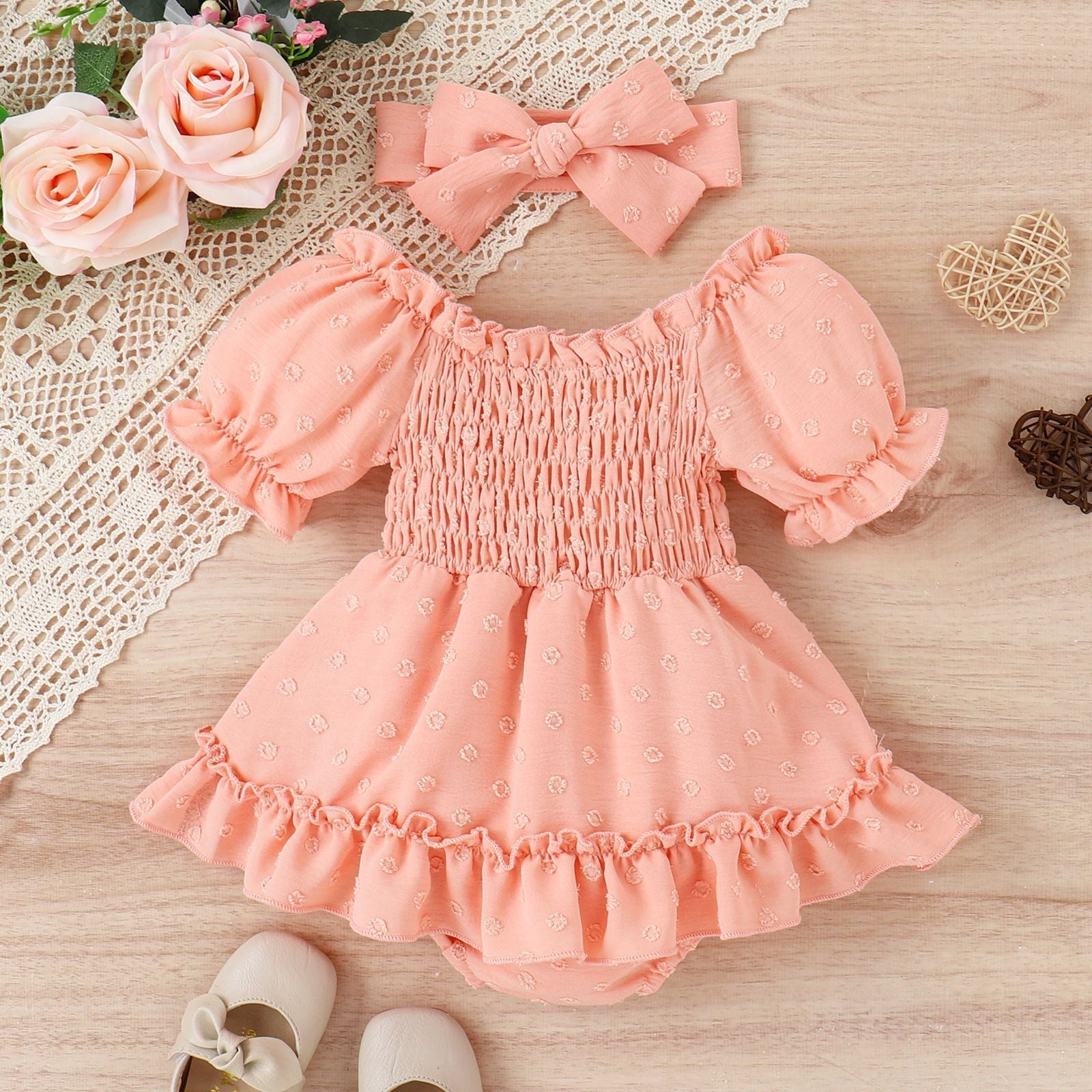 Three-color Jacquard Skirt Cute Puff Sleeve One-piece Rompers Jumpsuit With Headscarf - Cindi Book
