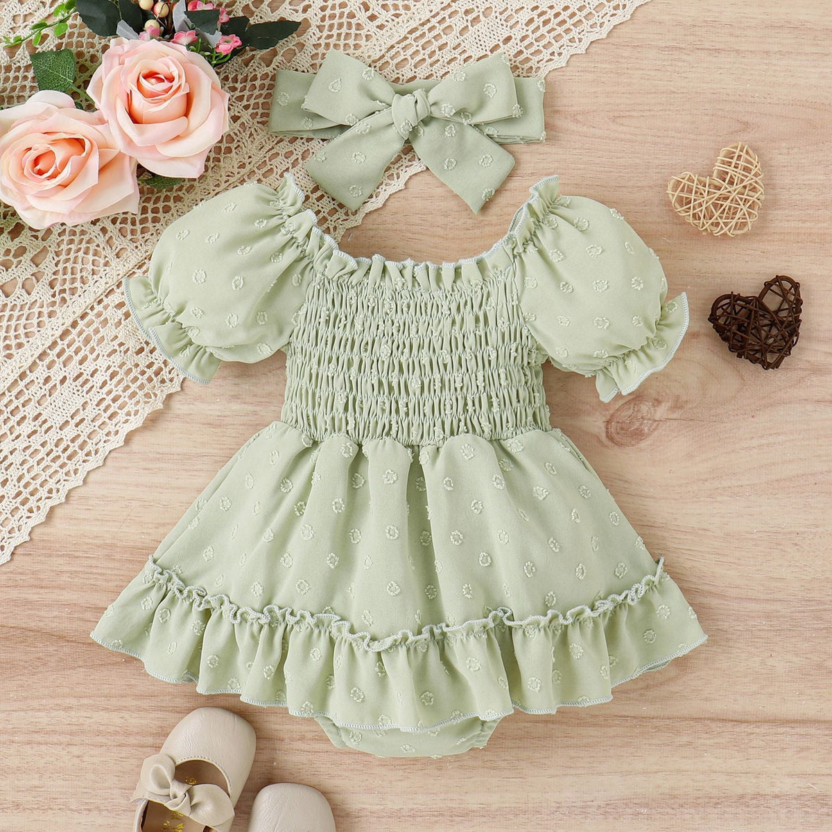 Three-color Jacquard Skirt Cute Puff Sleeve One-piece Rompers Jumpsuit With Headscarf - Cindi Book