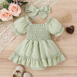Three-color Jacquard Skirt Cute Puff Sleeve One-piece Rompers Jumpsuit With Headscarf - Cindi Book