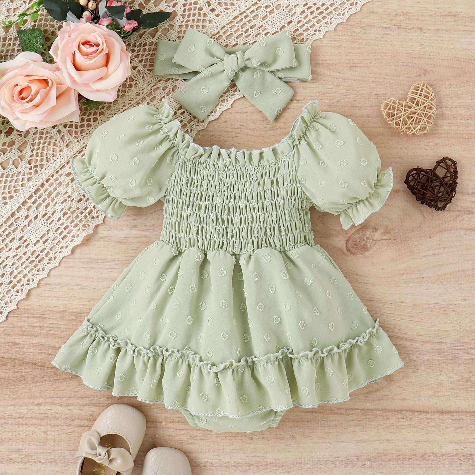 Three-color Jacquard Skirt Cute Puff Sleeve One-piece Rompers Jumpsuit With Headscarf - Cindi Book