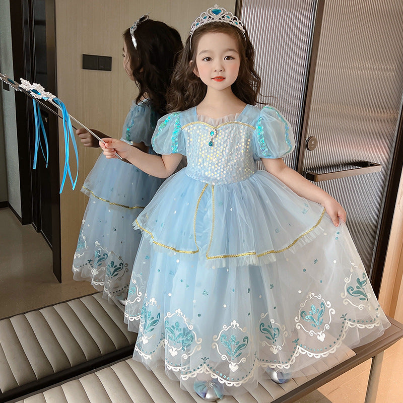 Girls Princess Long Short Sleeve Dress