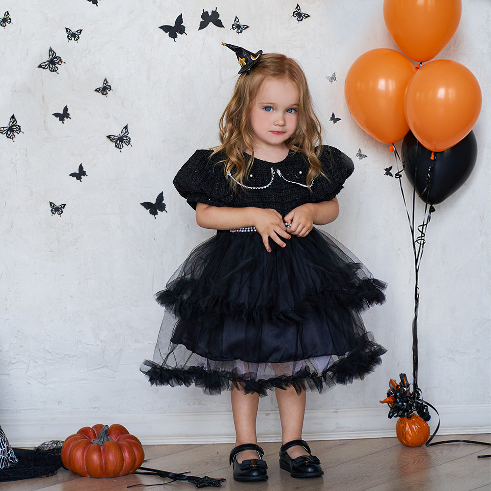 Girls' Fashion Halloween Mesh Stitching Puff Sleeve Dress - Cindi Book