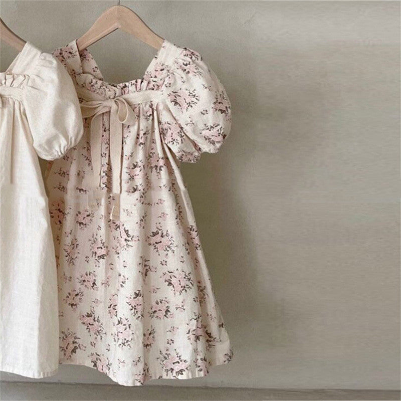 Girls Bow Bubble Sleeve Floral Square Neck Dress - Cindi Book