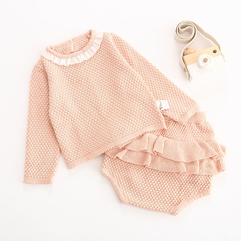 Baby Girl Baby Knitted Suit Embroidered Lotus Leaf Collar Top - Cindi Book