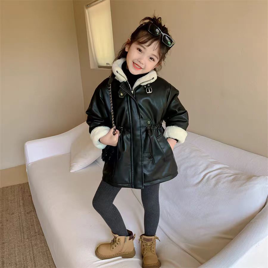 Girls' Winter Fleece-lined Medium Leather Coat - Cindi Book