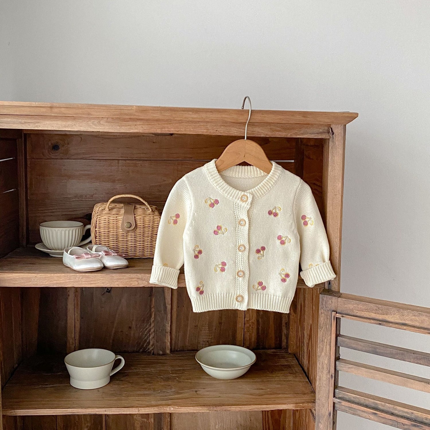 Cherry Embroidery Knitted Long Sleeve Coat Children's New Top