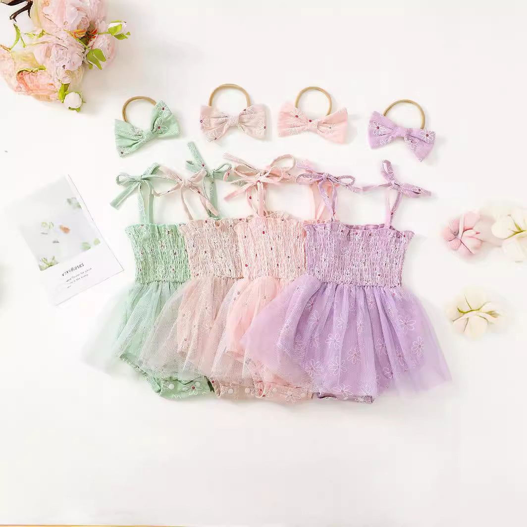 Baby Girl Mesh Camisole Princess Dress With Bowknot Headwear - Cindi Book