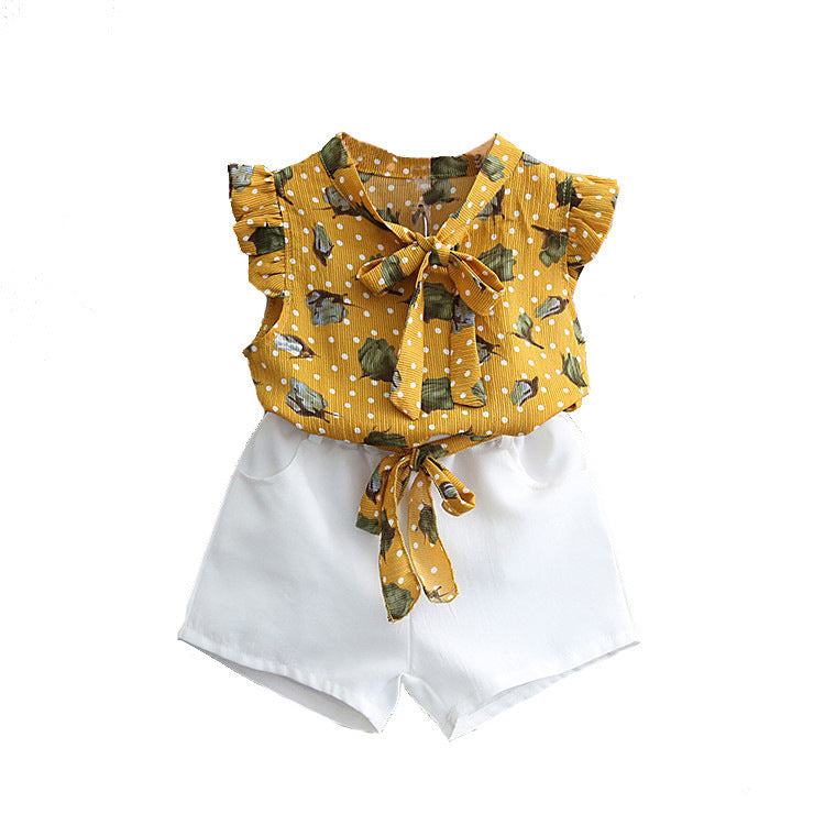 Girls Chiffon Sleeveless Flower Printed Two-piece Suit - Cindi Book