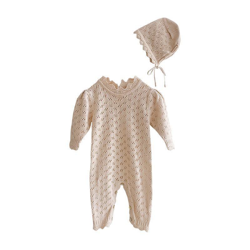 Knitted Hollow Jumpsuit Baby Girl Lace Long-sleeved Romper With Hat - Cindi Book