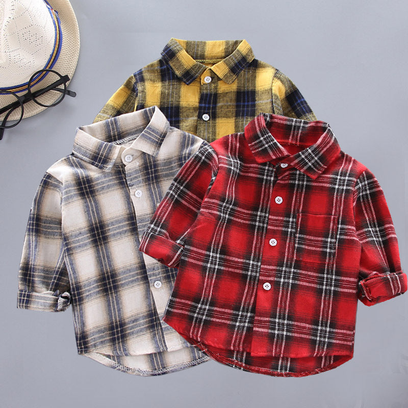Boys and Girls Plaid Shirts Loose Lapel Long Sleeves