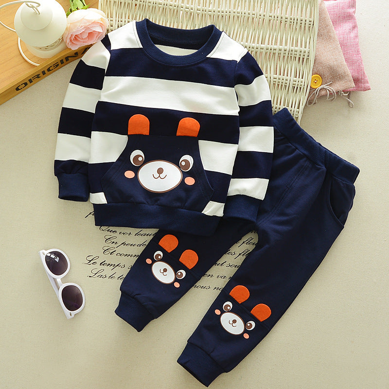 Children's Clothing Set Boys and Girls Virgin Baby Cartoon Bear Striped Sweater Set Children