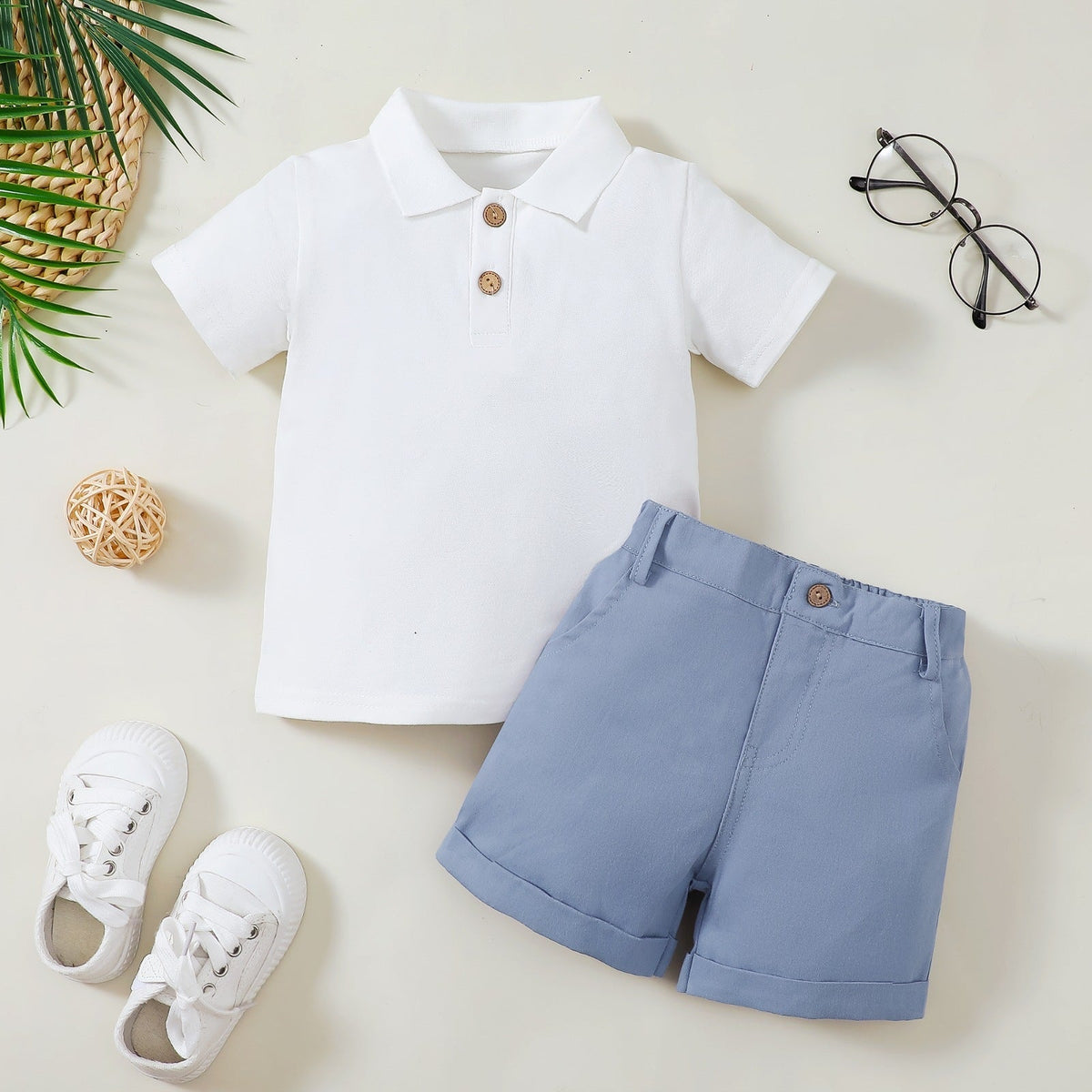 Boy's Polo Shirt Zipper Bar-tack Solid Color Shorts - Cindi Book