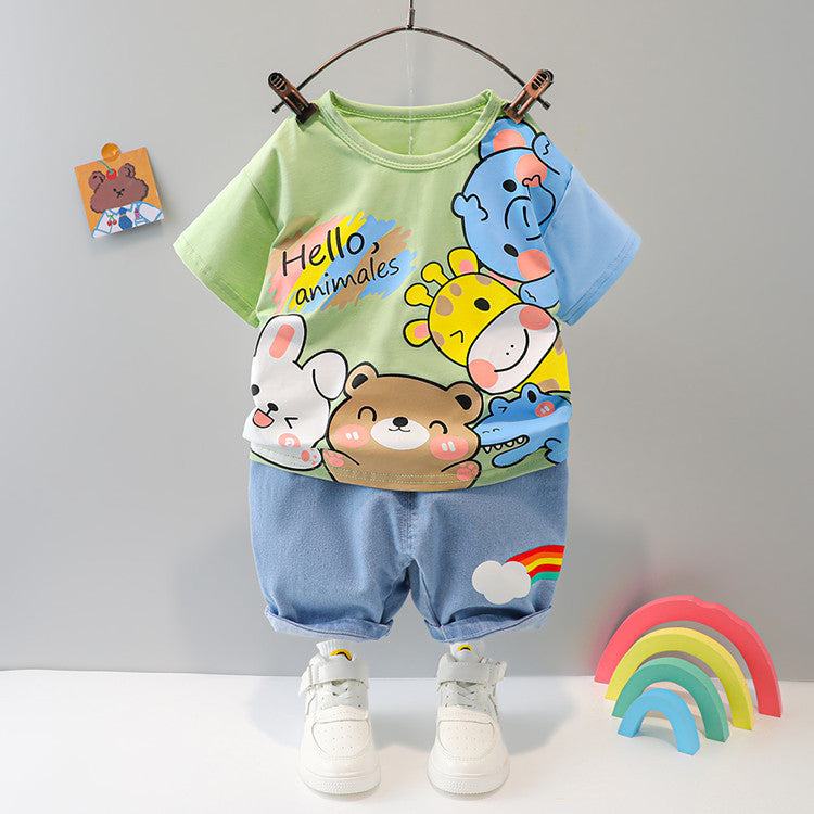 Boys And Girls Short-sleeved Denim Five-point Pants Two-piece Cute Pants Suit Cotton Short-sleeved - Cindi Book