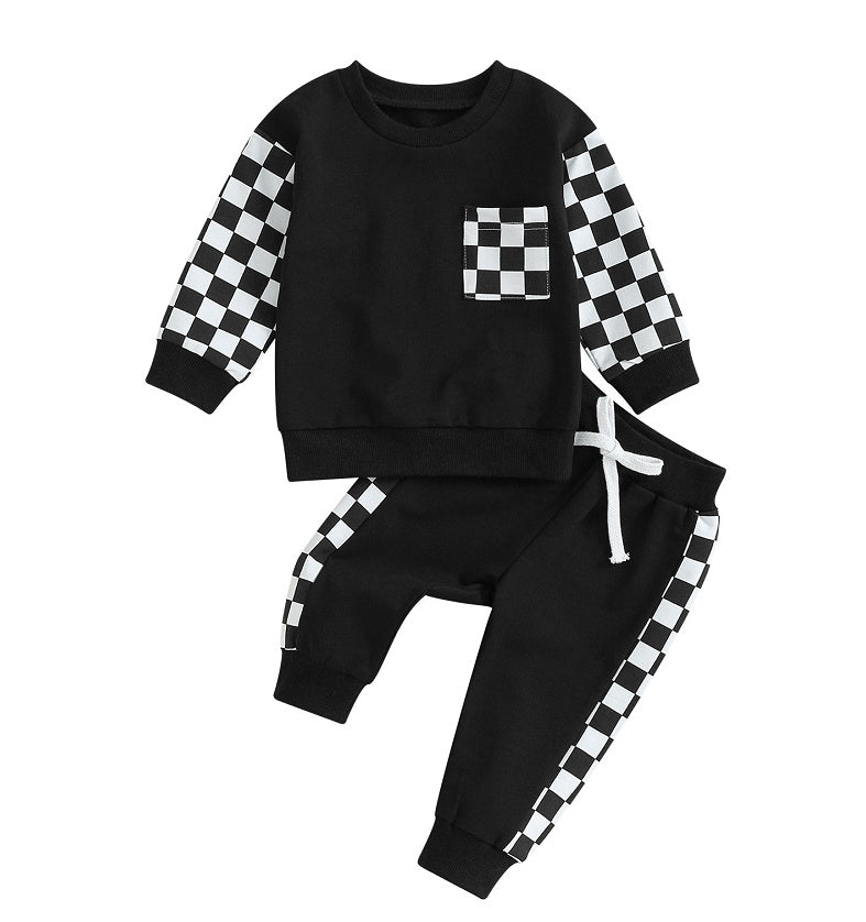 Boys' Chessboard Plaid Patchwork Sweater Sweatpants 2-piece Set - Cindi Book