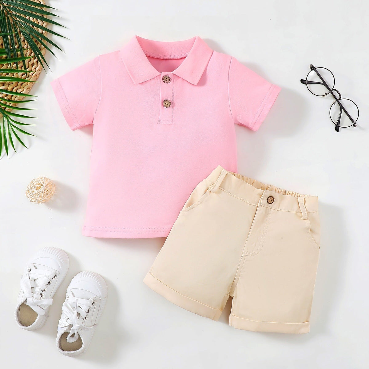 Boy's Polo Shirt Zipper Bar-tack Solid Color Shorts - Cindi Book