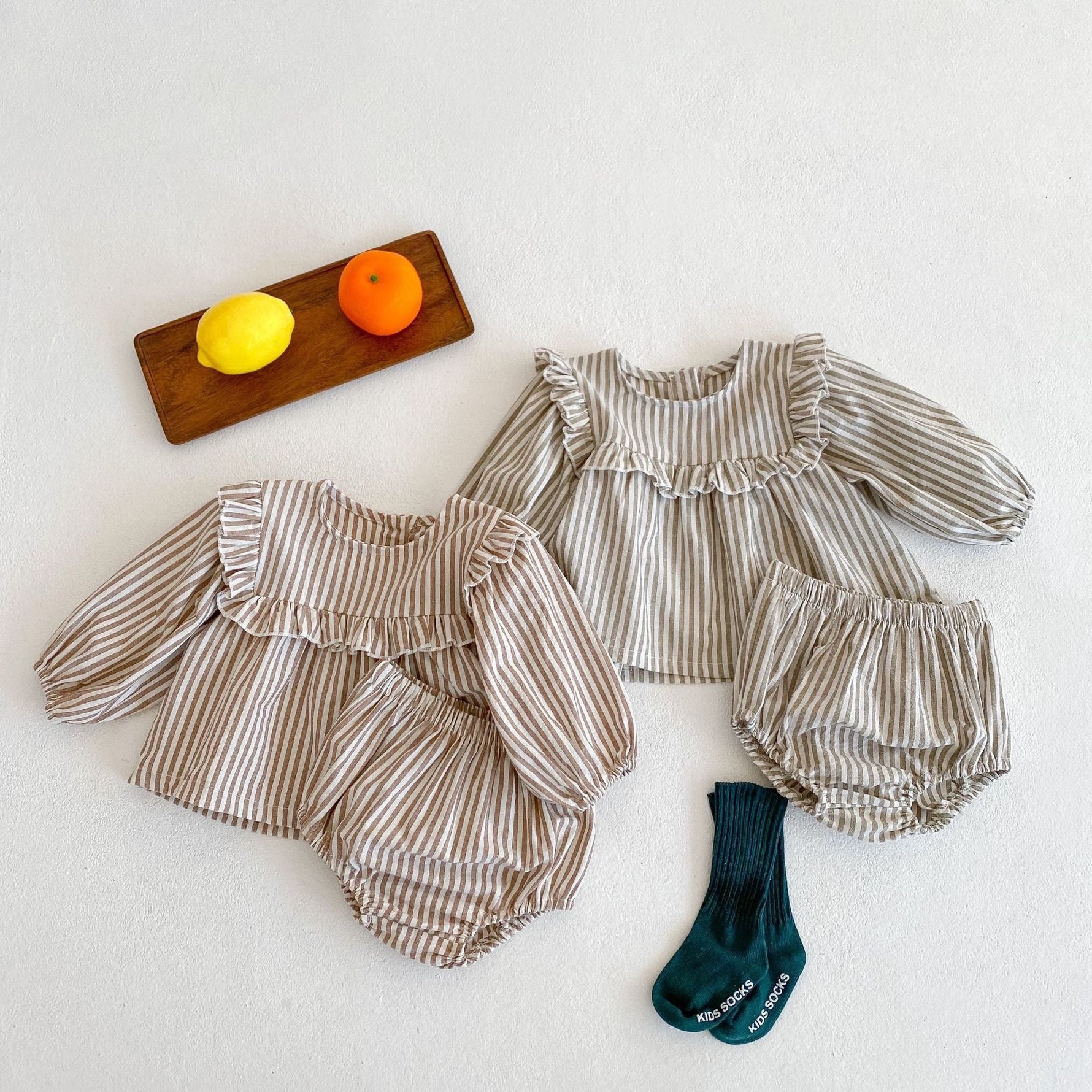 Cotton Baby Ruffle Collar Striped Long Sleeved Skirt Bread Pants Set - Cindi Book