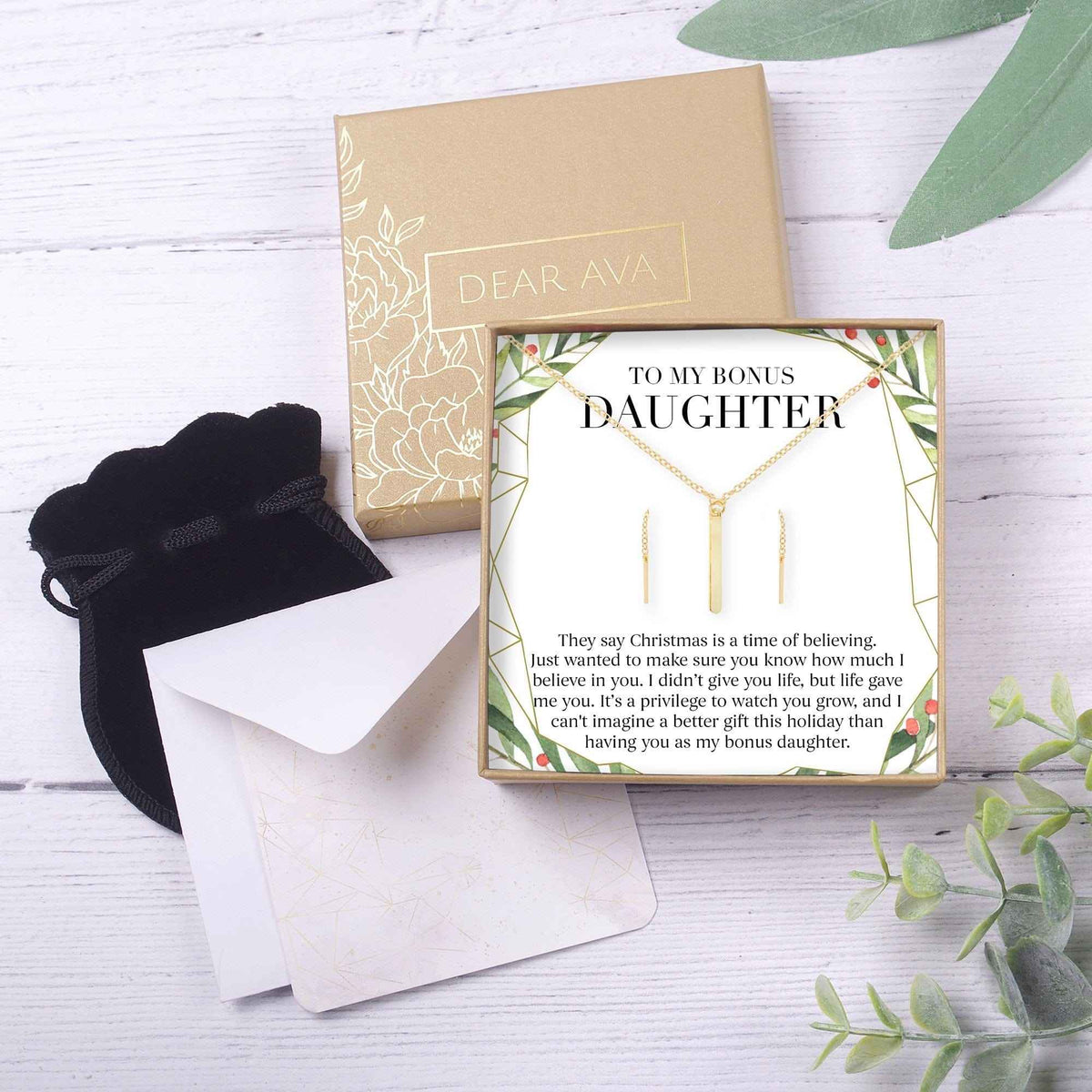 Christmas Gift for Stepdaughter Gold Bar Earring Threader and Necklace Jewelry Set