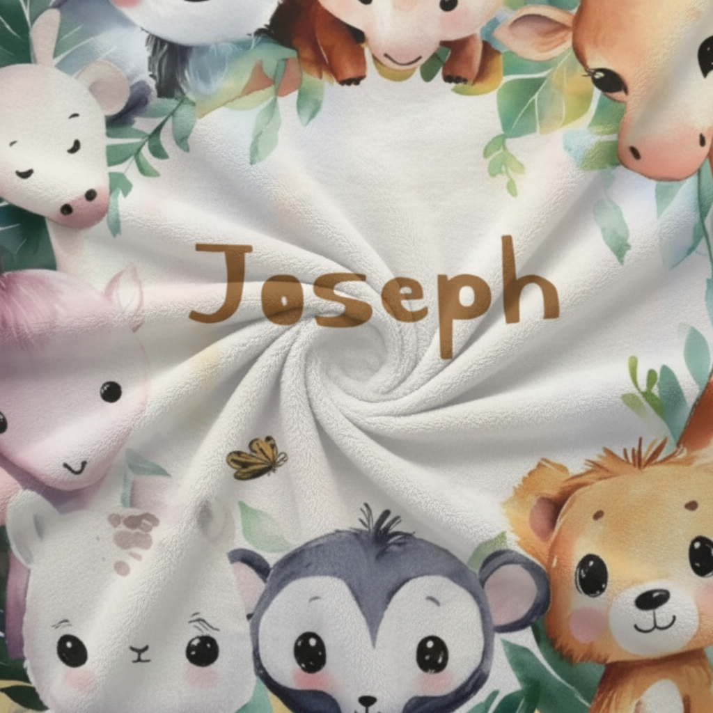 Personalized Safari Animals Blanket with Name | Botanical Wreath Design | Custom Baby & Kids Gift