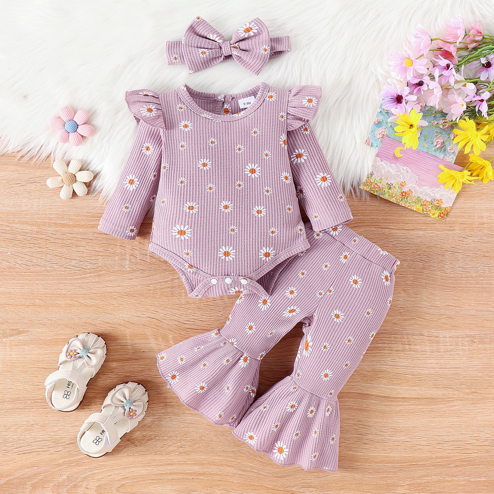 Children's Printed Top Bell-bottom Pants Hair Band Set - Cindi Book