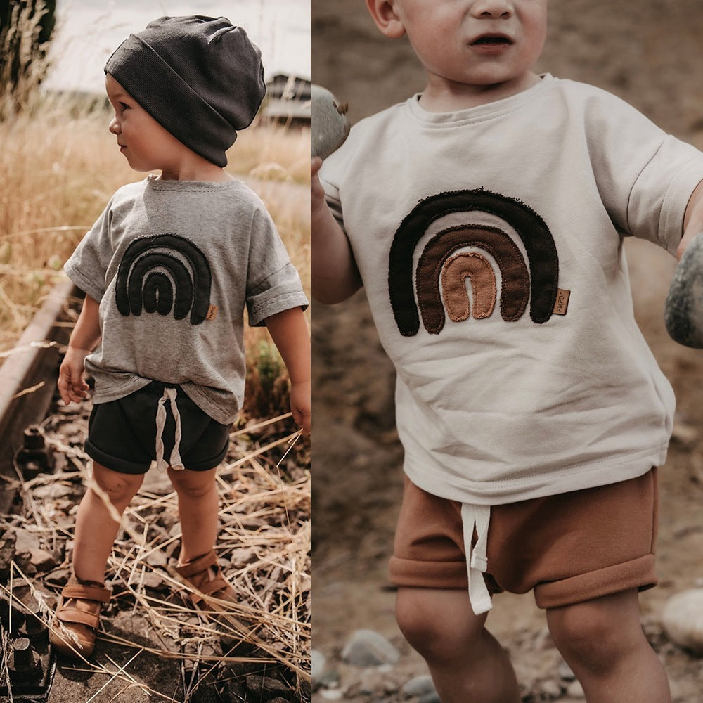 Baby Boys And Girls Cute Round Neck Rainbow Embroidered Short Sleeve - Cindi Book