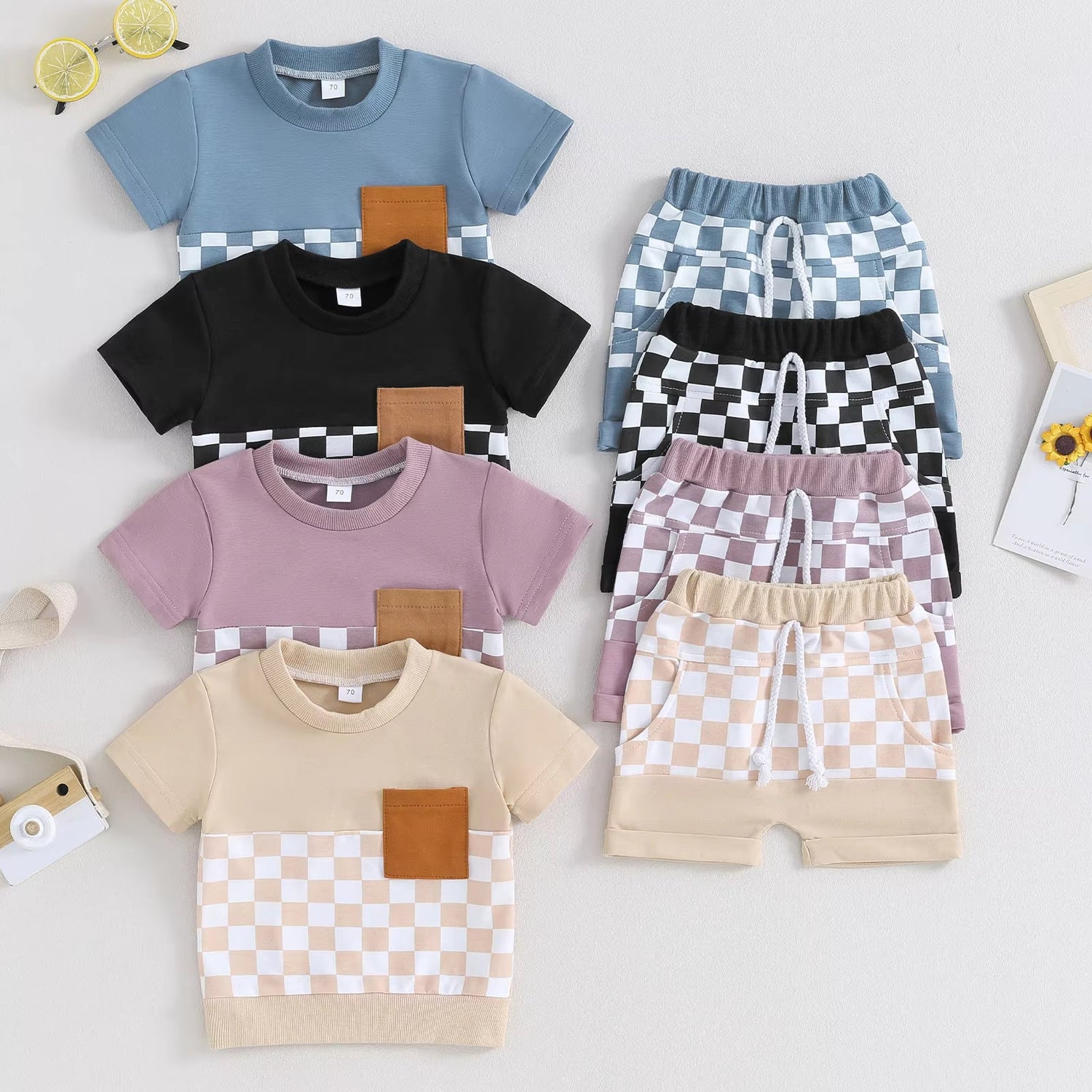 Fashion Personality Children's Shirt Plaid Shorts Set