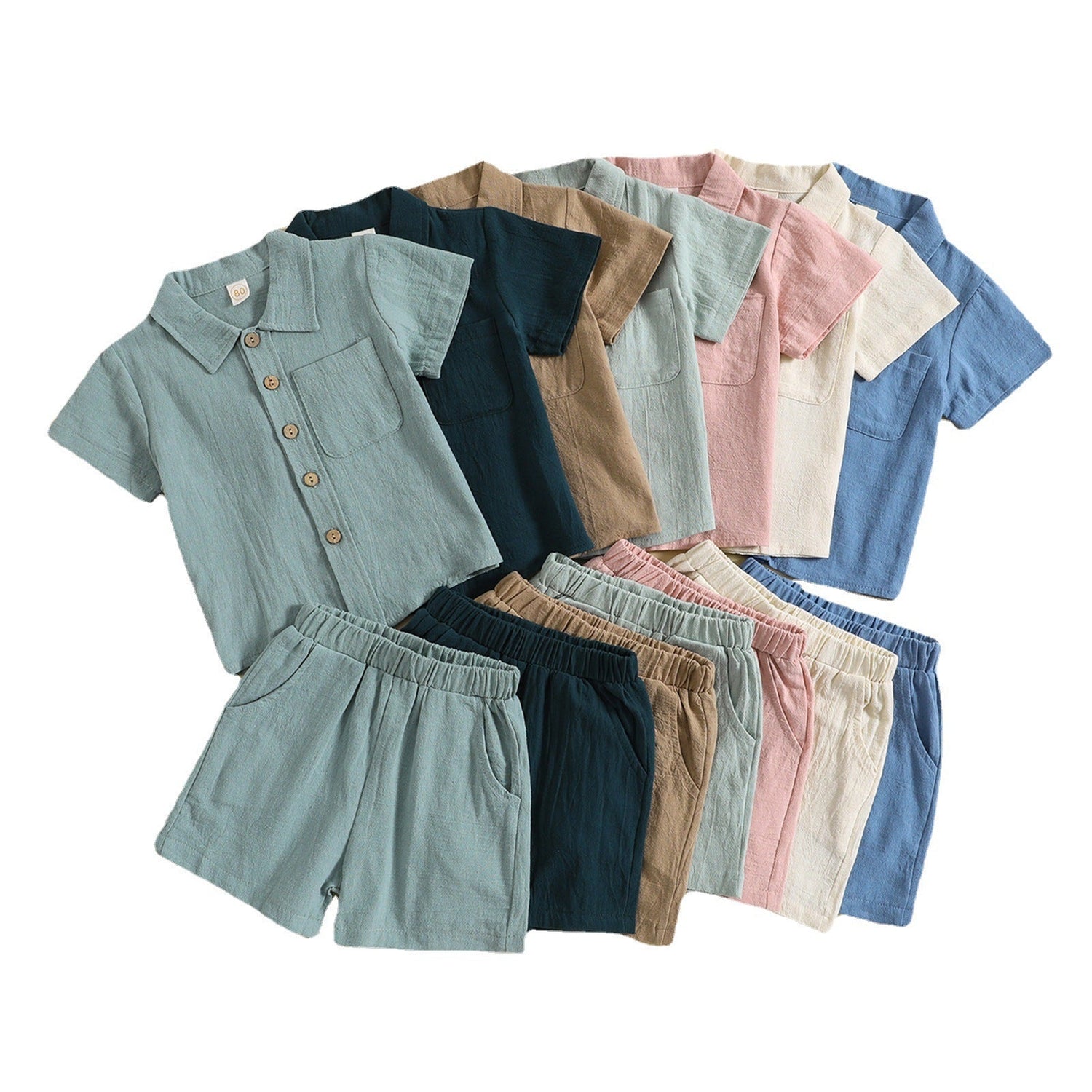 Summer Cotton and Linen Casual Style Short Sleeve Lapel Polo Shirt Two-Piece Set