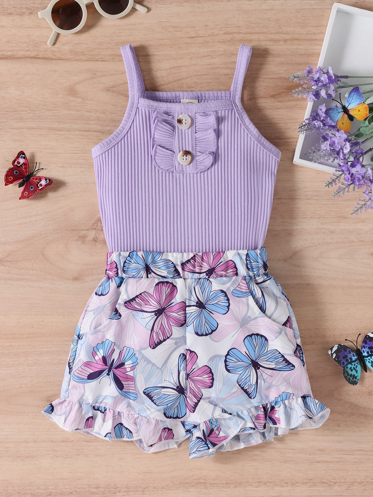 Cute Purple Strap Sunken Stripe Butterfly Shorts Two-piece Set - Cindi Book