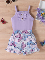 Cute Purple Strap Sunken Stripe Butterfly Shorts Two-piece Set - Cindi Book