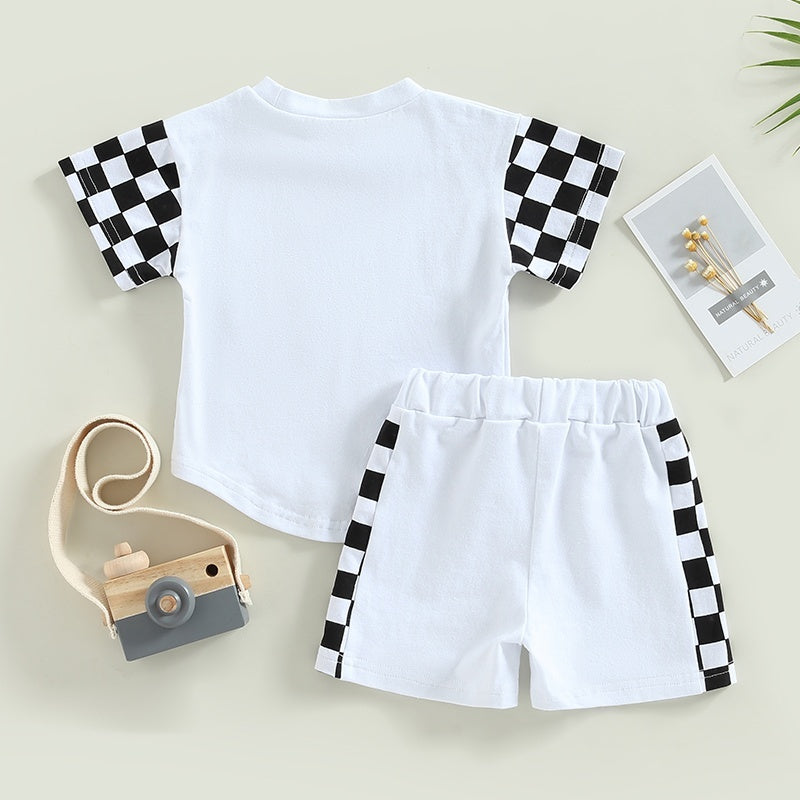 New Infant Toddler Chessboard Plaid Stitching Short Sleeve Set