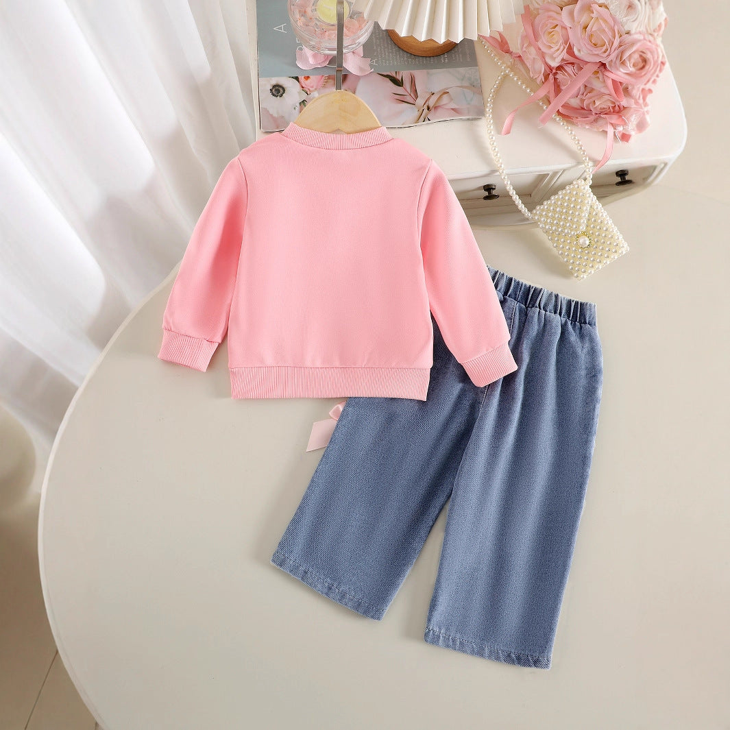 Solid Color Long Sleeve Sweater Pec-Deck Machine Denim Trousers Two-Piece Set