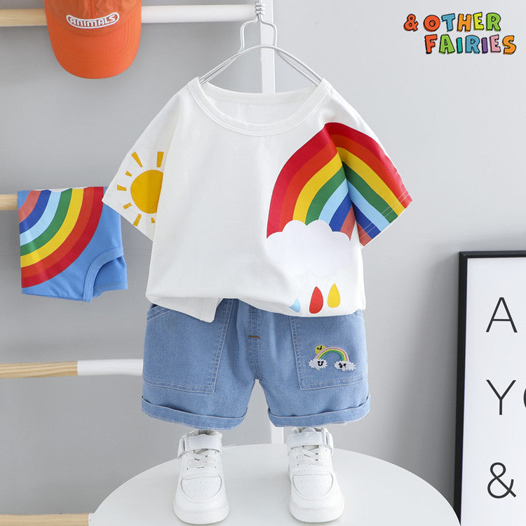 Boys And Girls Short-sleeved Denim Five-point Pants Two-piece Cute Pants Suit Cotton Short-sleeved - Cindi Book
