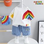Boys And Girls Short-sleeved Denim Five-point Pants Two-piece Cute Pants Suit Cotton Short-sleeved - Cindi Book