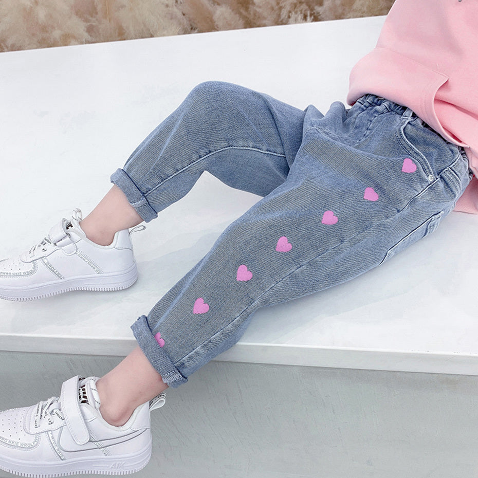 Girls Casual Thin Love Stretch Jeans