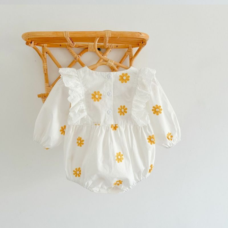 Sweet Daisies Embroidery Rompers Long Sleeve Onesie - Cindi Book