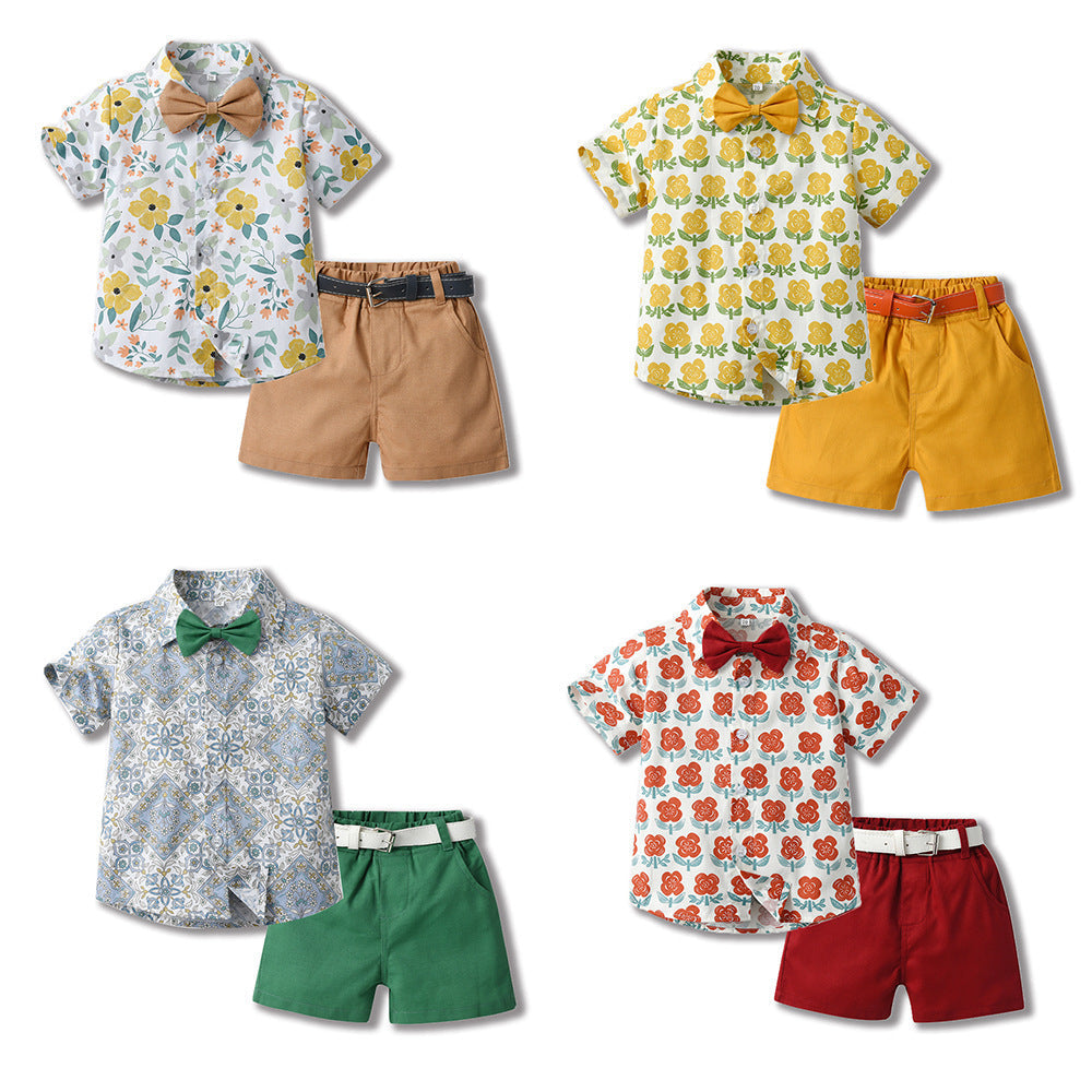 Bowknot Short-sleeved Cardigan Boys' Shorts Two-piece Set - Cindi Book
