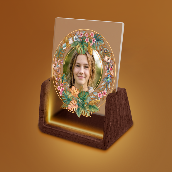 Custom Photo Night Light for Teen Girls | Tropical Floral Wreath with Teen Icons | Upload Her Photo | USB Powered | Wood Base