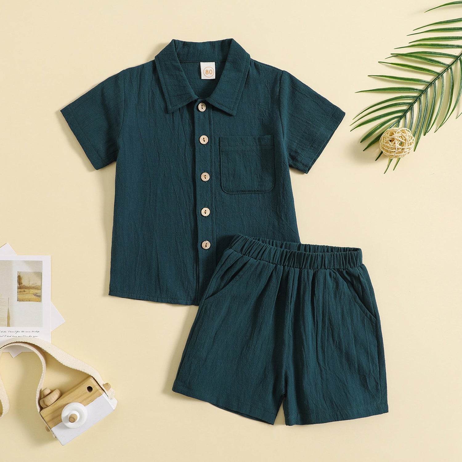 Summer Cotton and Linen Casual Style Short Sleeve Lapel Polo Shirt Two-Piece Set