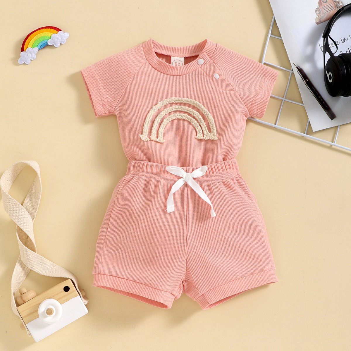 Rainbow Waffle Four-color Side Button Short Sleeve Baby Bodysuit Shorts Suit - Cindi Book