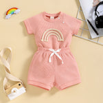 Rainbow Waffle Four-color Side Button Short Sleeve Baby Bodysuit Shorts Suit - Cindi Book