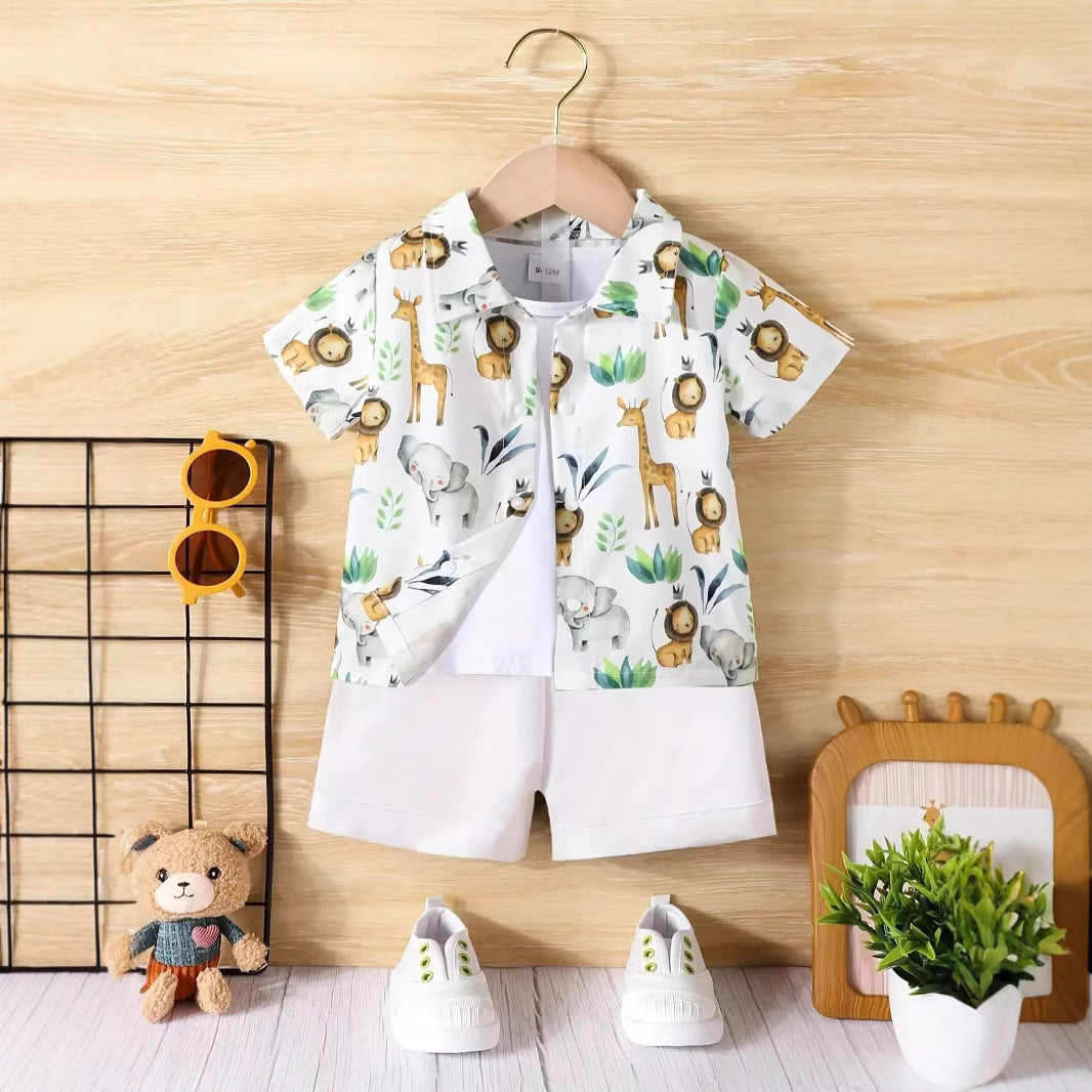 Baby Short Sleeve Shorts Cardigan Two-piece Set Animal Dinosaur Print - Cindi Book