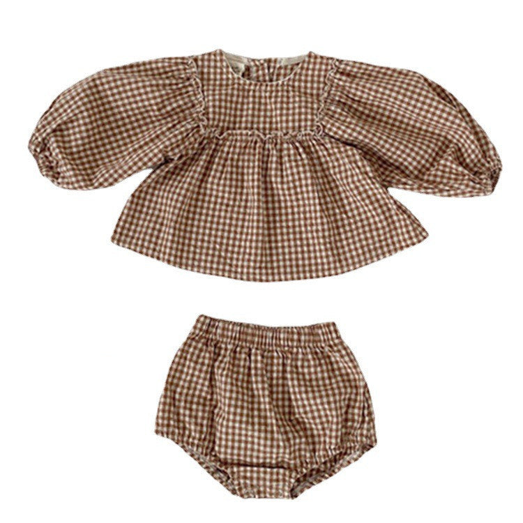 Girl's Suit Western Style Plaid Puff Sleeve Doll Top With Fart Pants Suit - Cindi Book