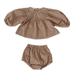 Girl's Suit Western Style Plaid Puff Sleeve Doll Top With Fart Pants Suit - Cindi Book