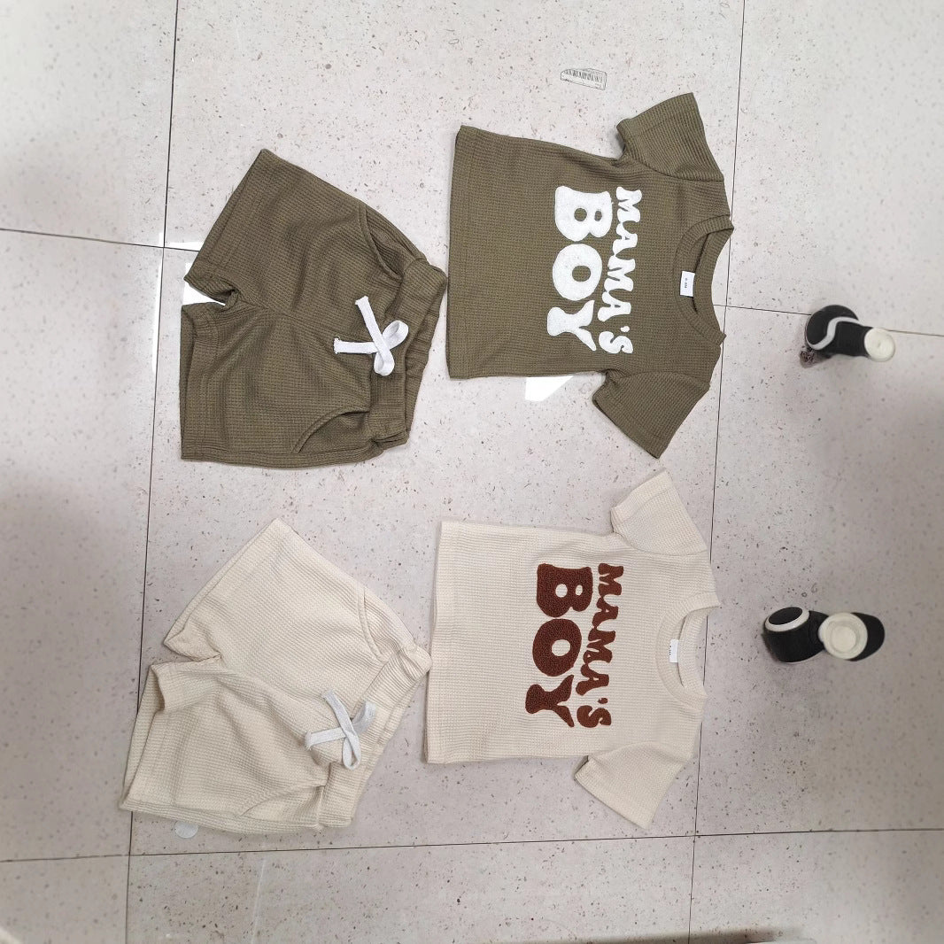 Waffle Towel Embroidery Short Sleeve Shorts Set
