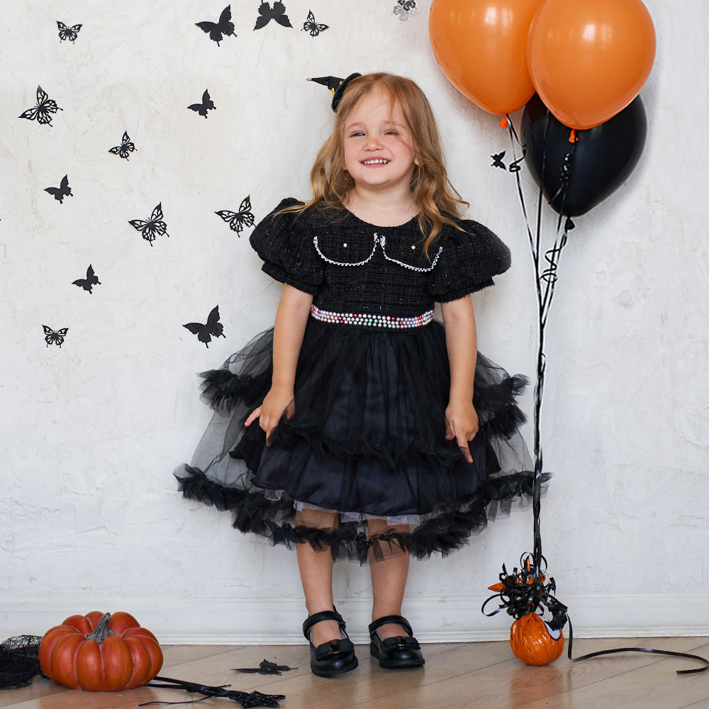 Girls' Fashion Halloween Mesh Stitching Puff Sleeve Dress - Cindi Book