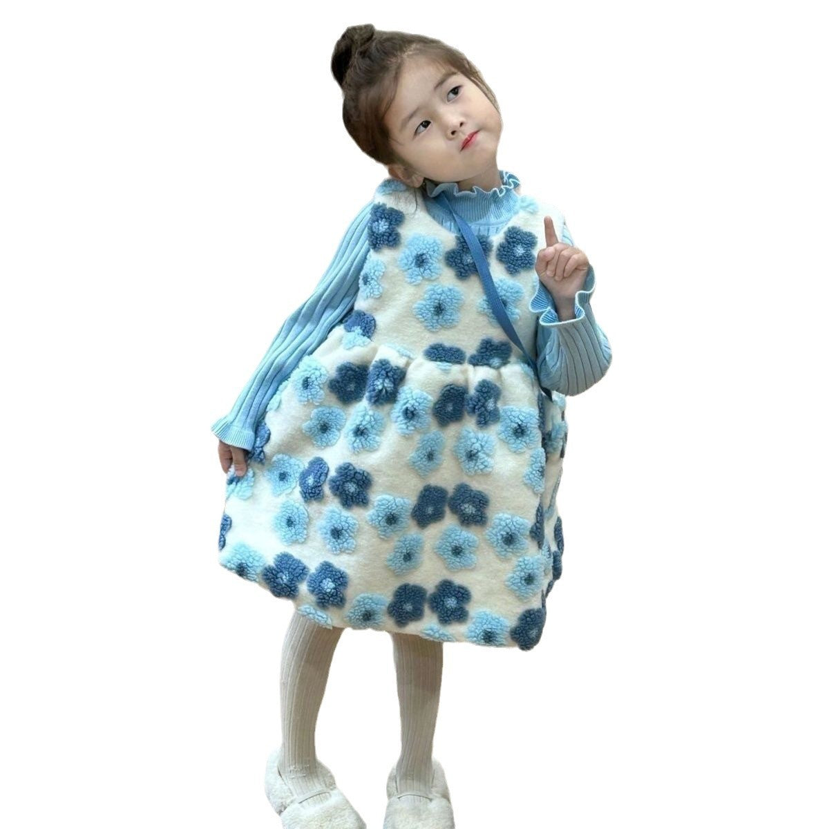 Winter New Girls' Sweater With Stringy Selvedge Flower Fleece-lined Vest Dress - Cindi Book