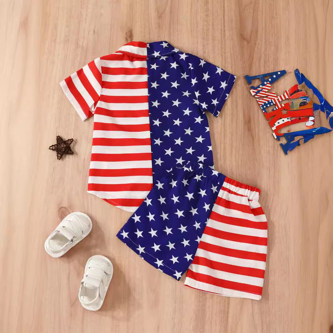 Summer Boys' Independent Japanese Star Stripe Single-breasted Short Sleeve Shorts Suit - Cindi Book