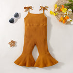 Summer Girls' Sunken Stripe Cotton Solid Color Sling One-piece Bell-bottom Pants - Cindi Book