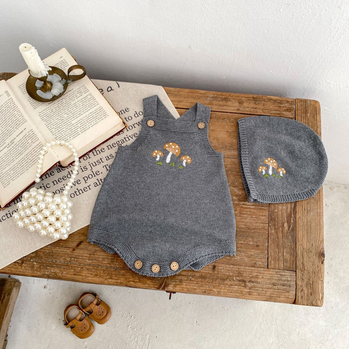 Baby Boys And Girls Mushroom Embroidered Romper Embroidered Hat - Cindi Book