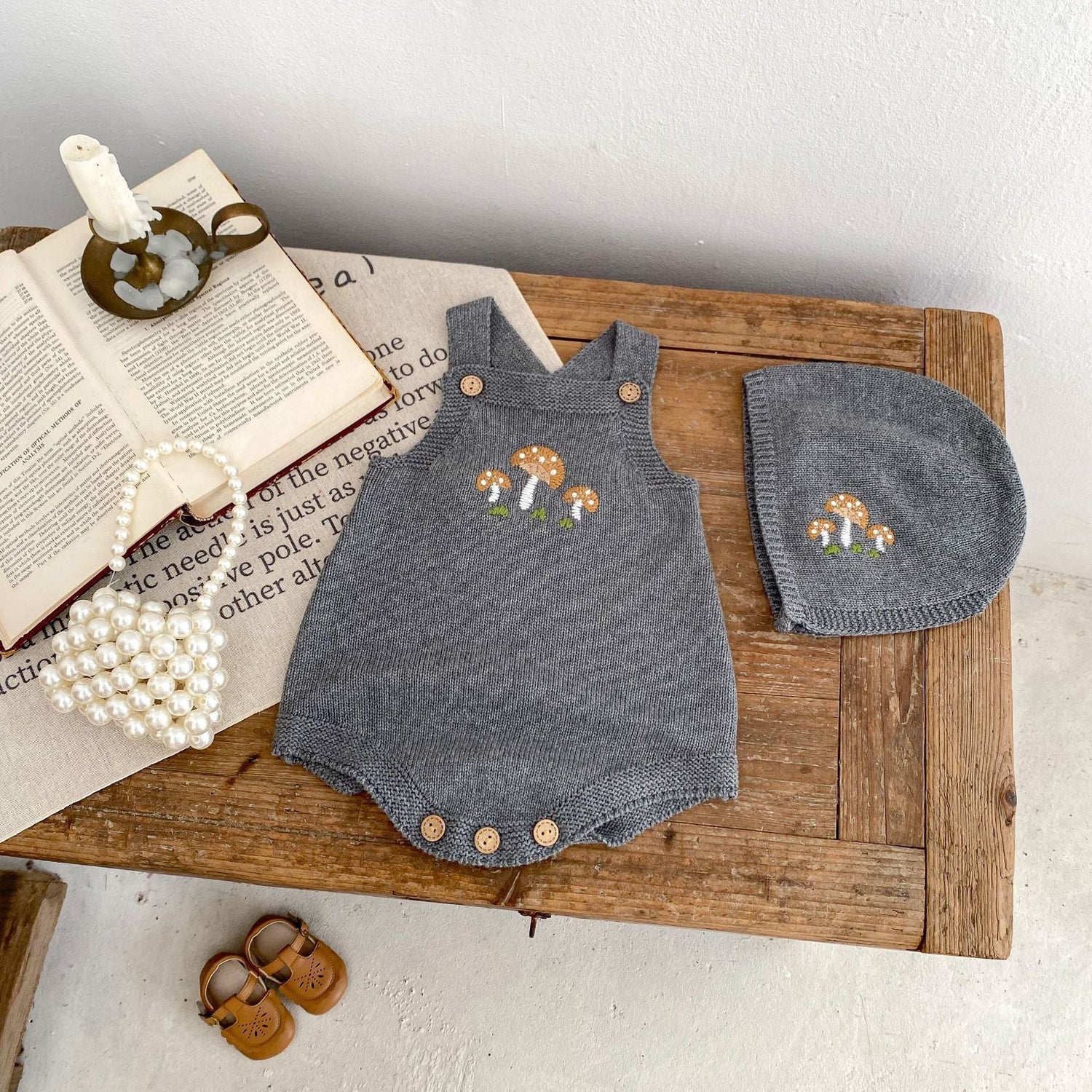 Baby Boys And Girls Mushroom Embroidered Romper Embroidered Hat - Cindi Book